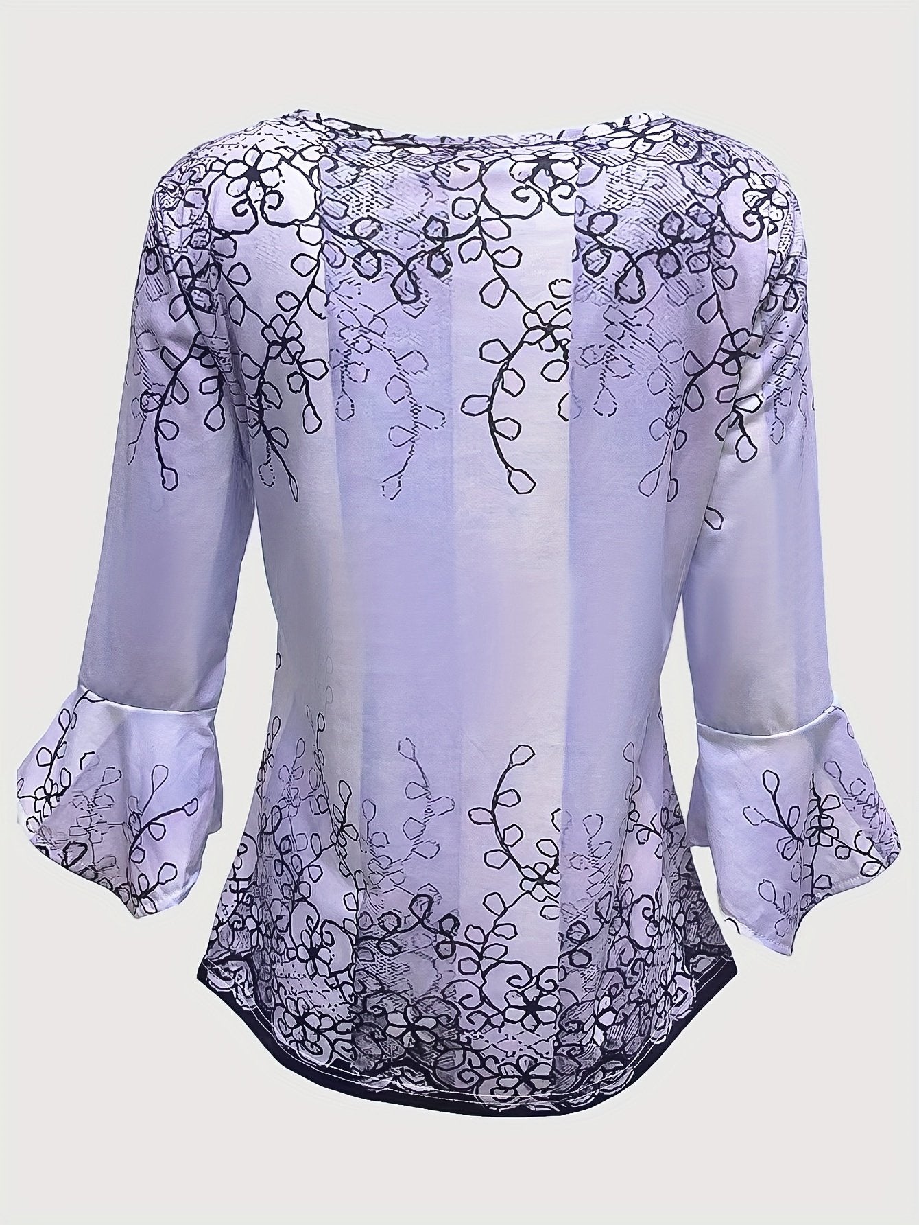 Floral Print Button 3/4 Sleeve V-Neck Top