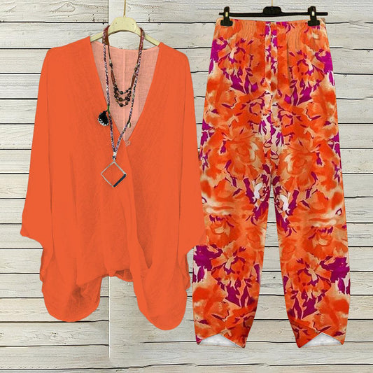 Orange Floral Print V-Neck Two Piece Set