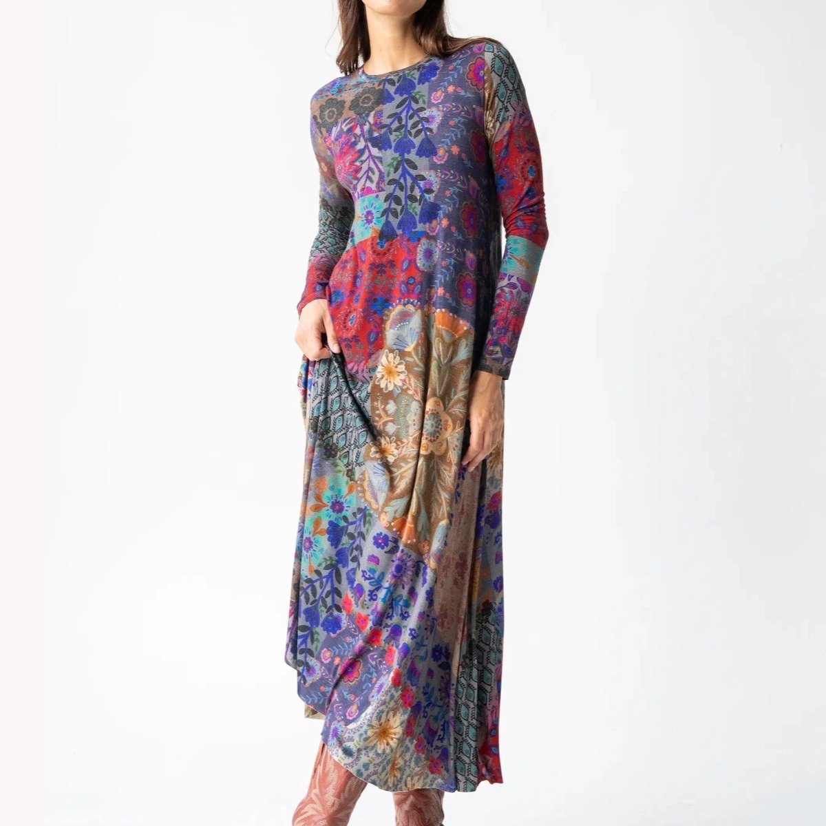 Multicolour Printed Long Sleeve Round Neck Dress