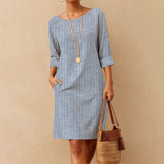 Fresh Blue Striped Print Scoop Neck Mini Dress