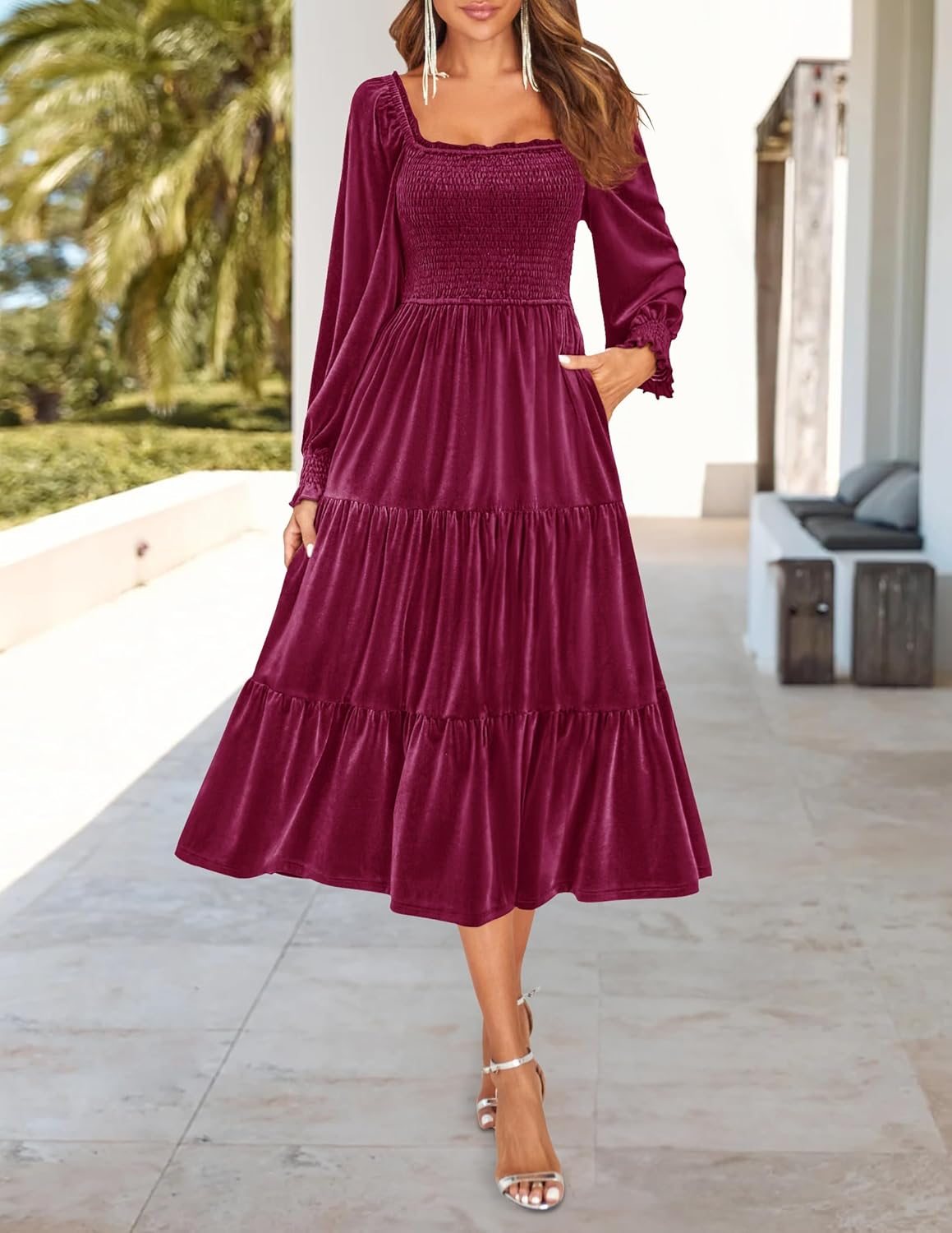 Chic Velvet Long Sleeve Pockets Midi Dress