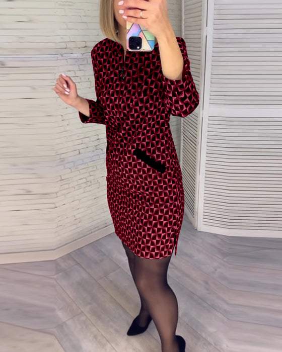 Diamond Print Long Sleeves Dress