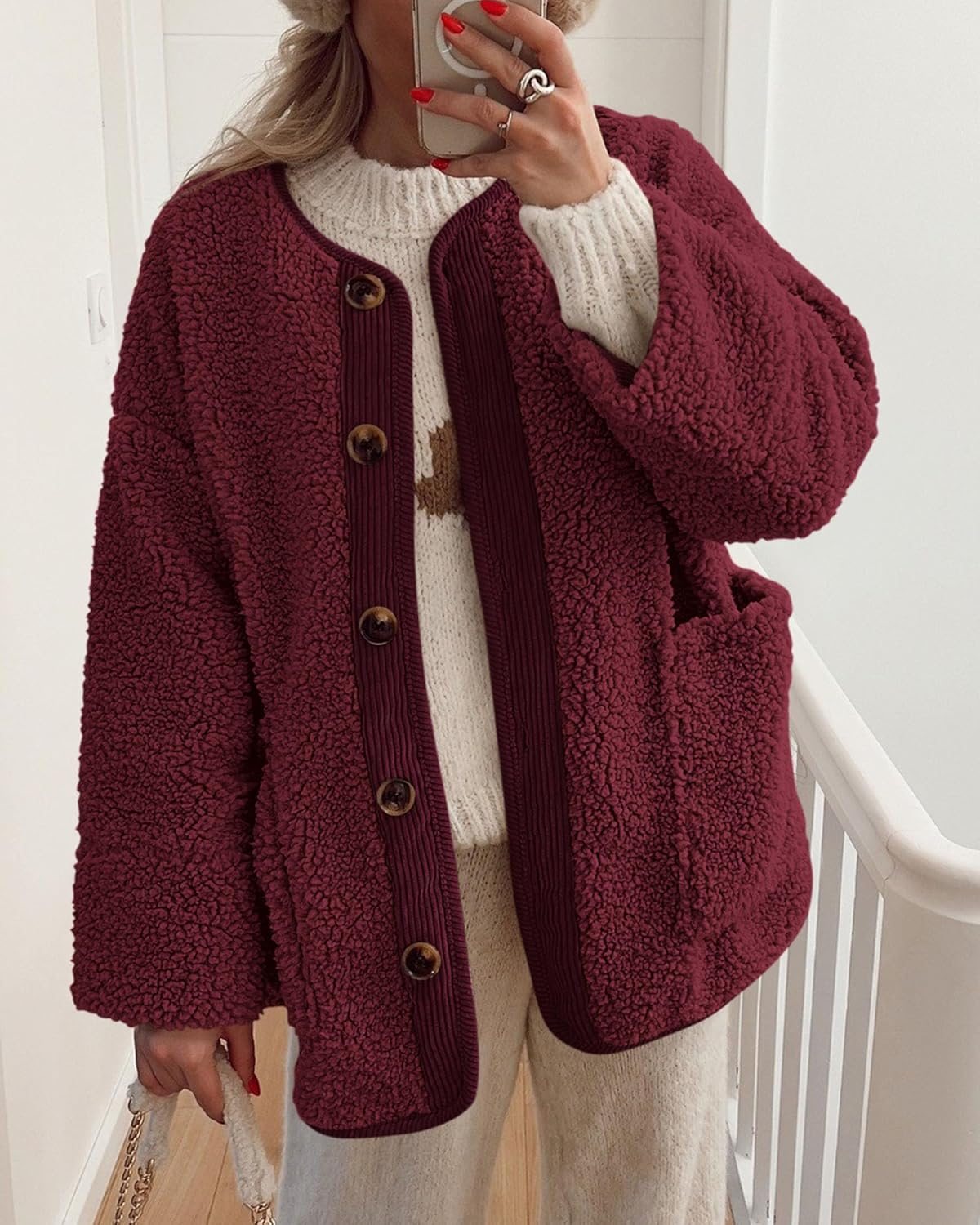 Casual Fuzzy Fleece Long Sleeve Button Jacket