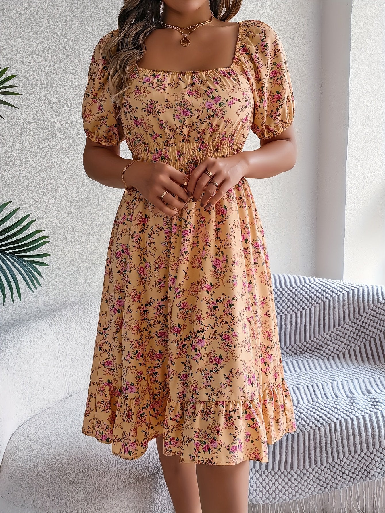 Floral Print Square Neck Midi Dress