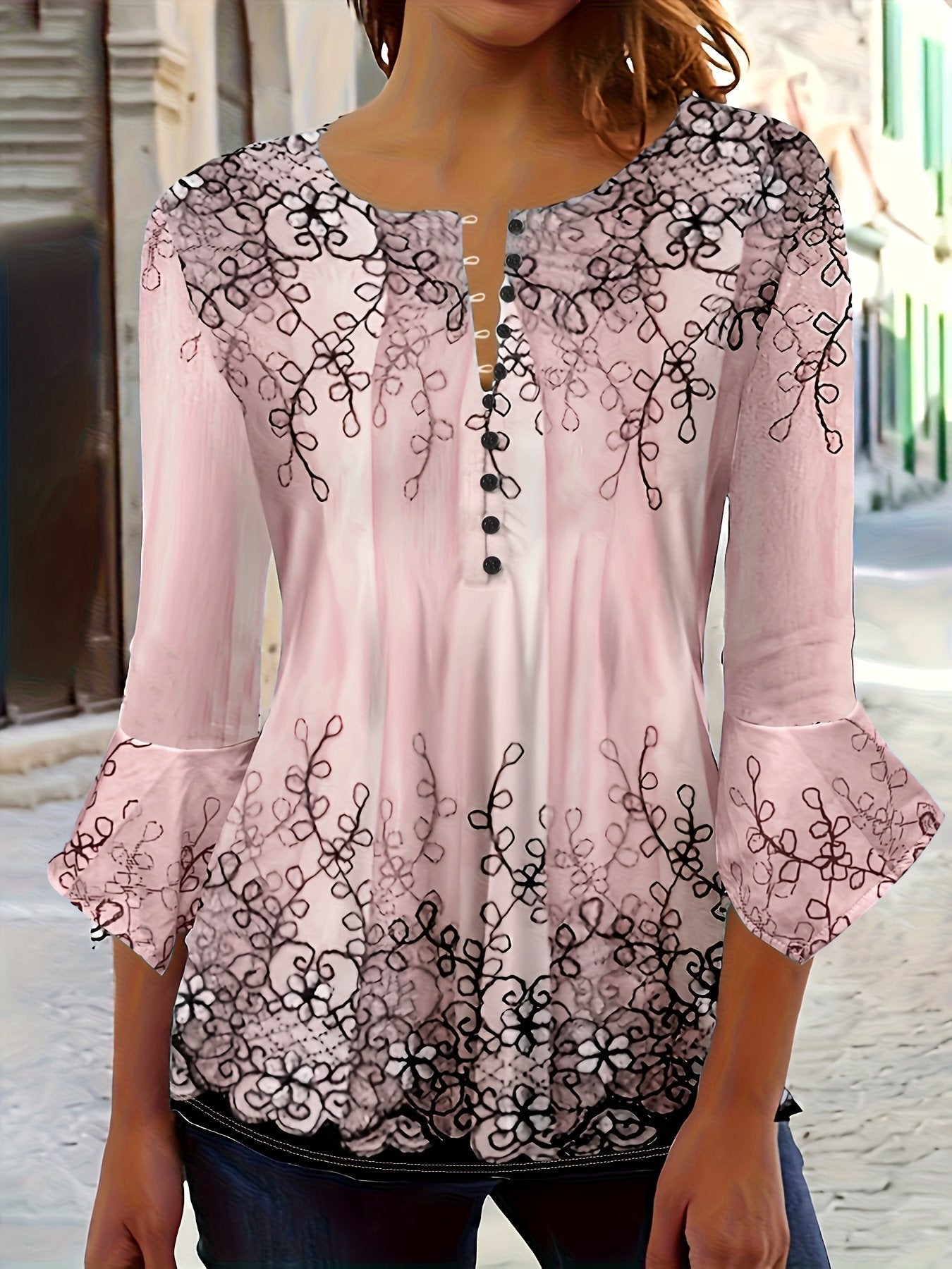 Floral Print Button 3/4 Sleeve V-Neck Top