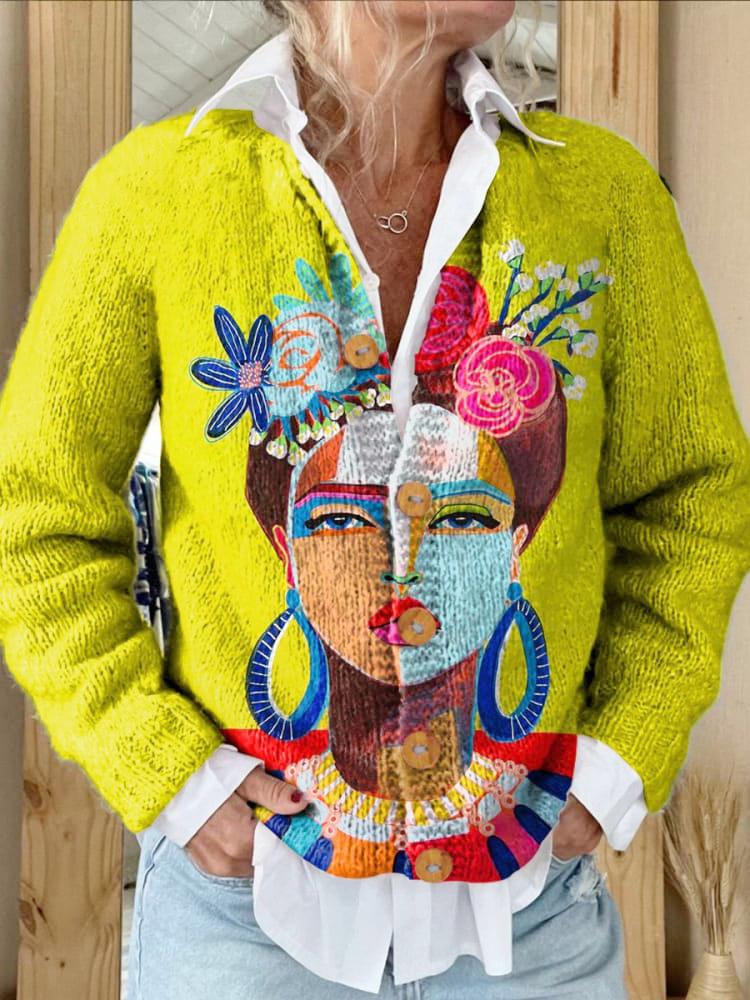 Oil Painting Printed Buttoned Cardigan Sweater