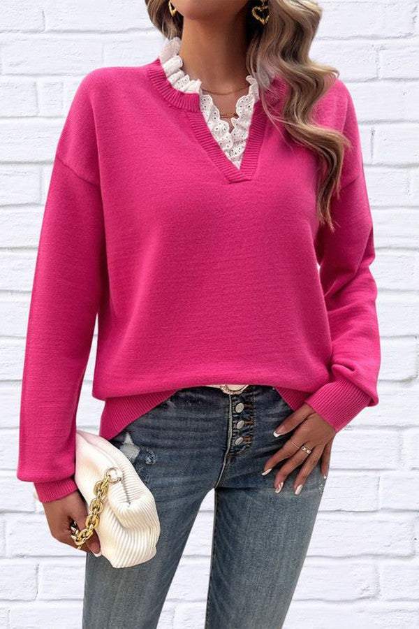 Rose Red V-Neck Long Sleeve Sweater