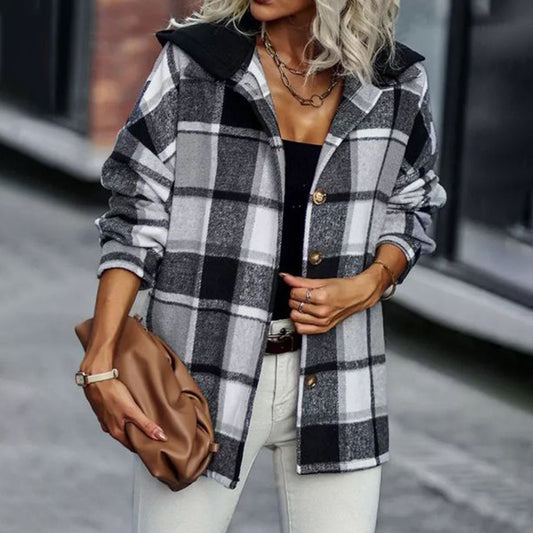 Stylish Plaid Print Hoodie Outerwear