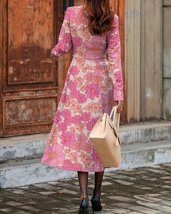 Sweet Pink Floral Print Round Neck Midi Dress