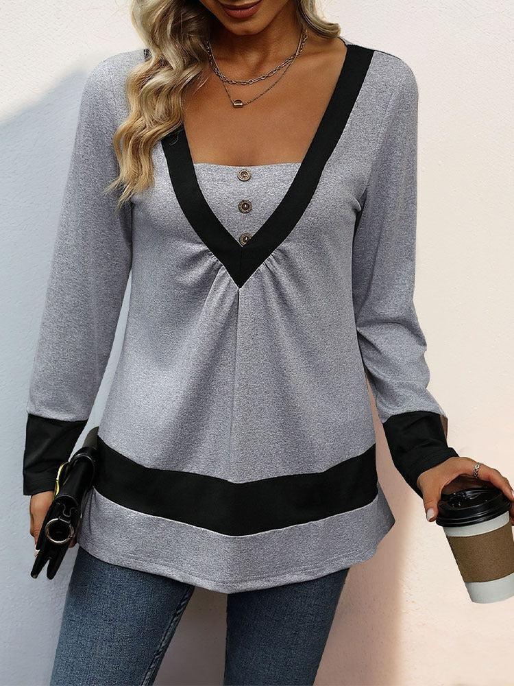 Grey Long Sleeve Color Block Top