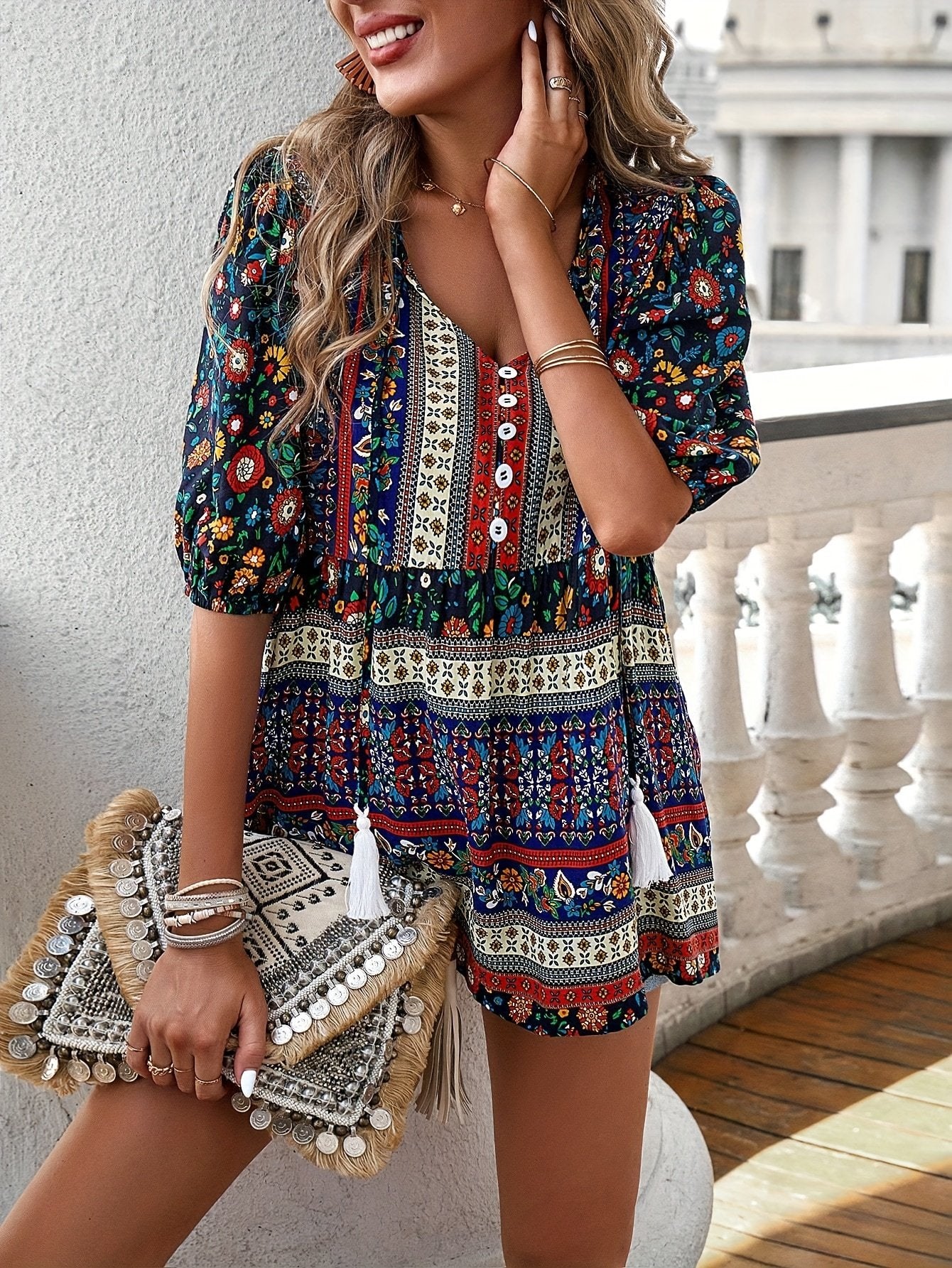 Elegant Floral Print Half Sleeve Top