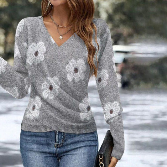 Grey Floral Print V-Neck Long Sleeve Sweater