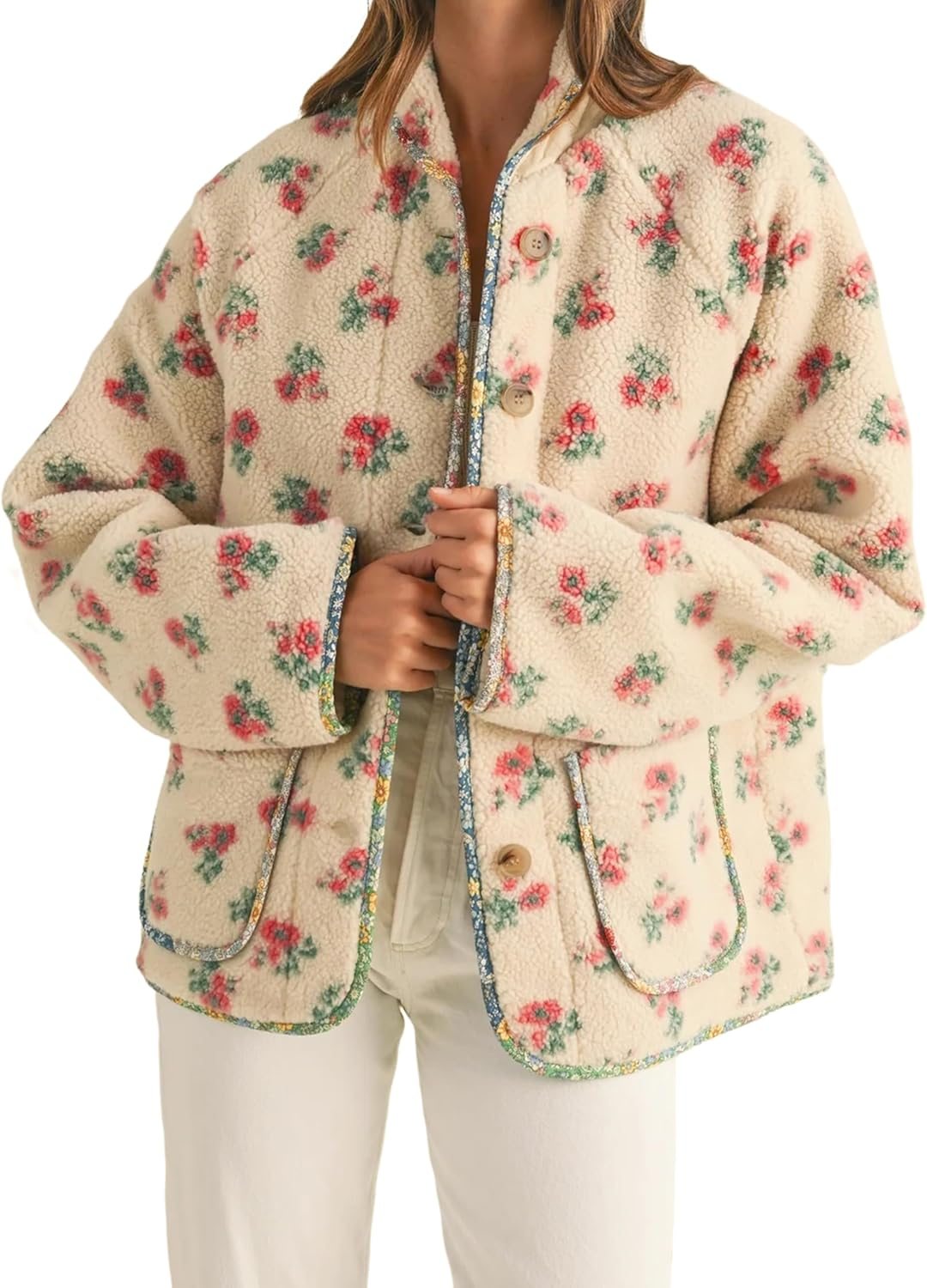 Trendy Floral Print Fleece Button Jackets