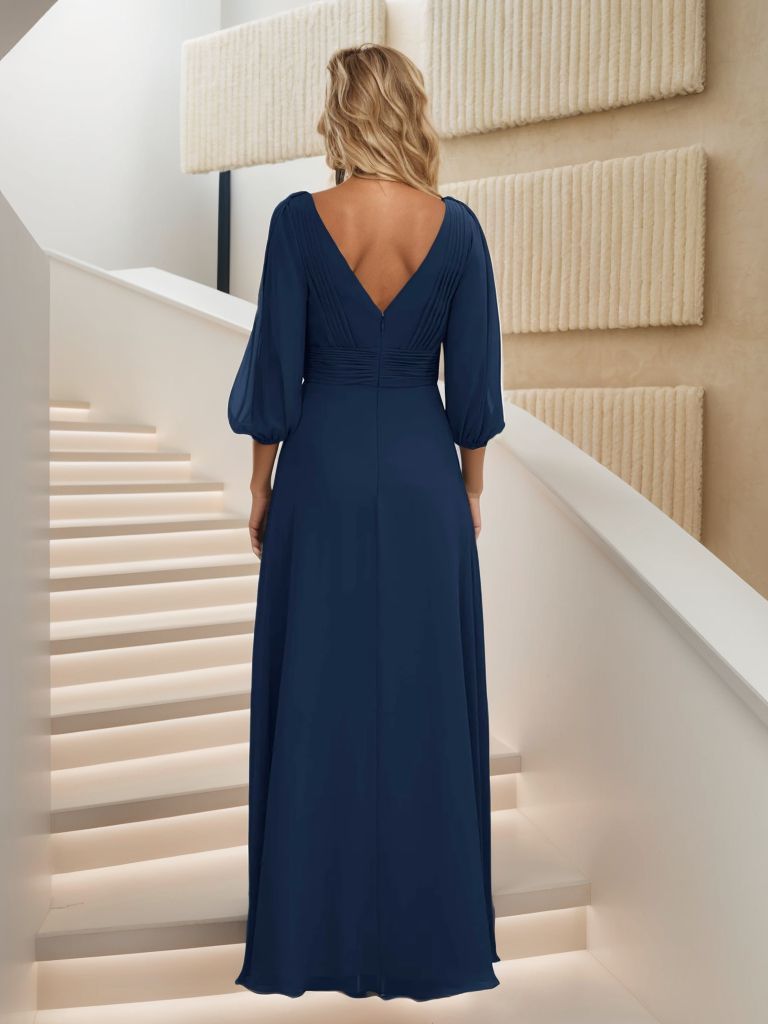 Robe longue unie bleue à manches 3/4 