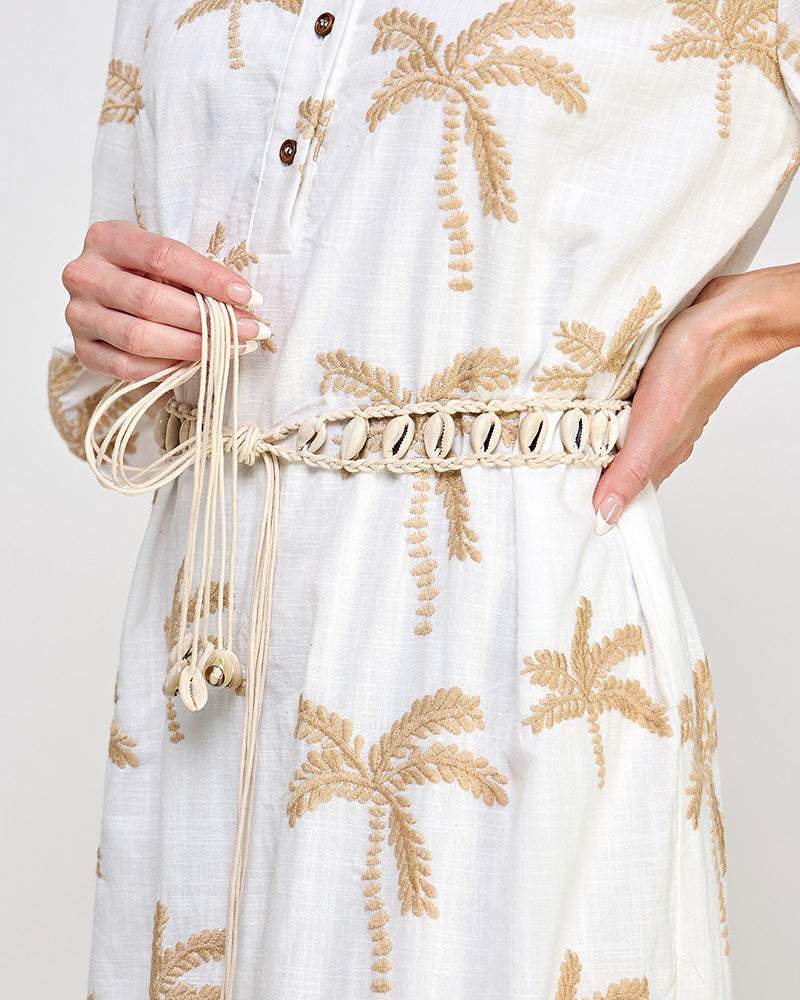 Palms Embroidered Belt Midi Dress