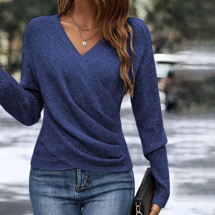 Navy Plain V-Neck Long Sleeve Sweater