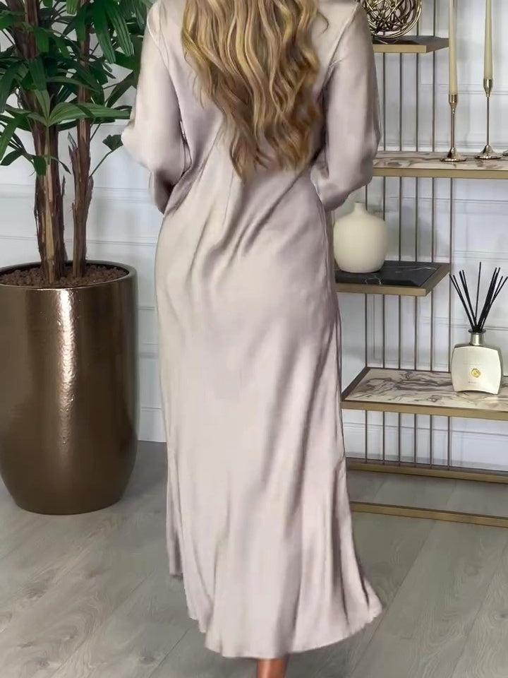 Chic Plain V-Neck Long Sleeve Maxi Dress