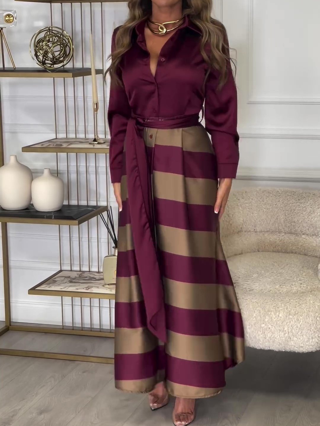 Burgundy Patchwork Shirt Maxi Dress