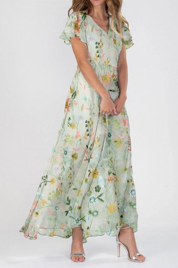 Youthful Green Short Sleeve Maxi Dress