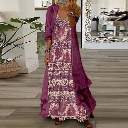 Chic Purple Print Maxi Dress With Jacket