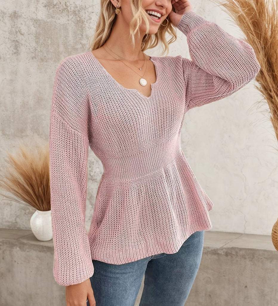 Sweet Pink Plain Notched Neck Long Sleeve Sweater