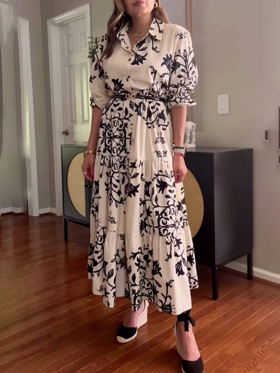 Stylish Collared Printed Long Sleeve Maxi Dress