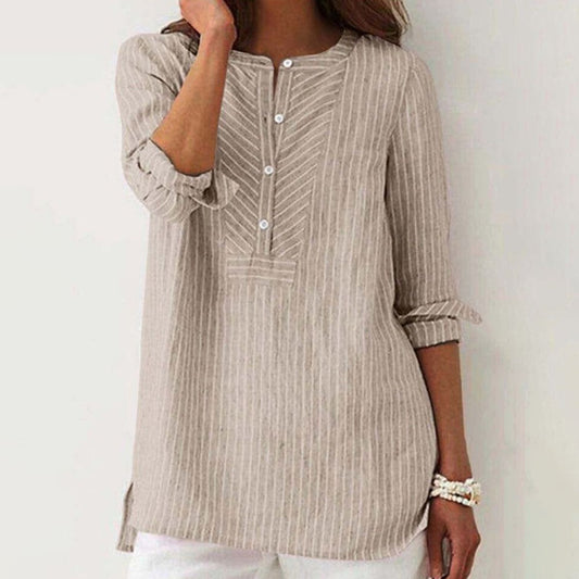 Khaki Striped Print Round Neck Top