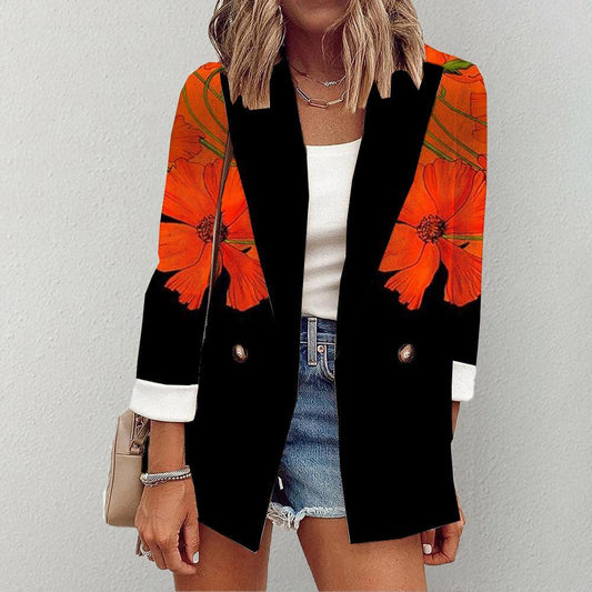 Bright Floral Print Collarless Long Sleeve Outerwear