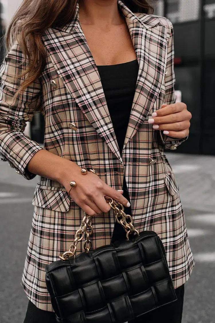 Brown Lapel Long Sleeve Plaid Outerwear