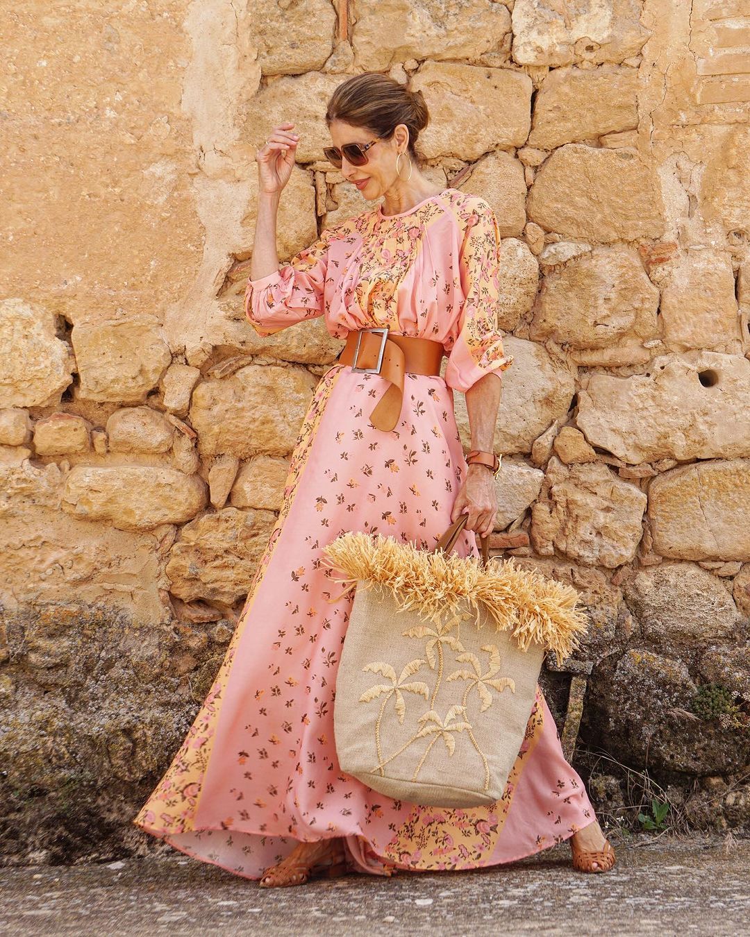 Sweet Pink Floral Print Long Sleeve Maxi Dress