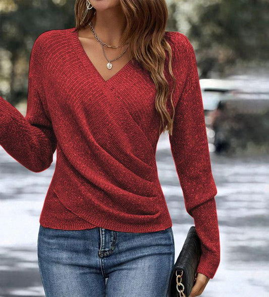 Showy Burgundy Plain V-Neck Long Sleeve Sweater