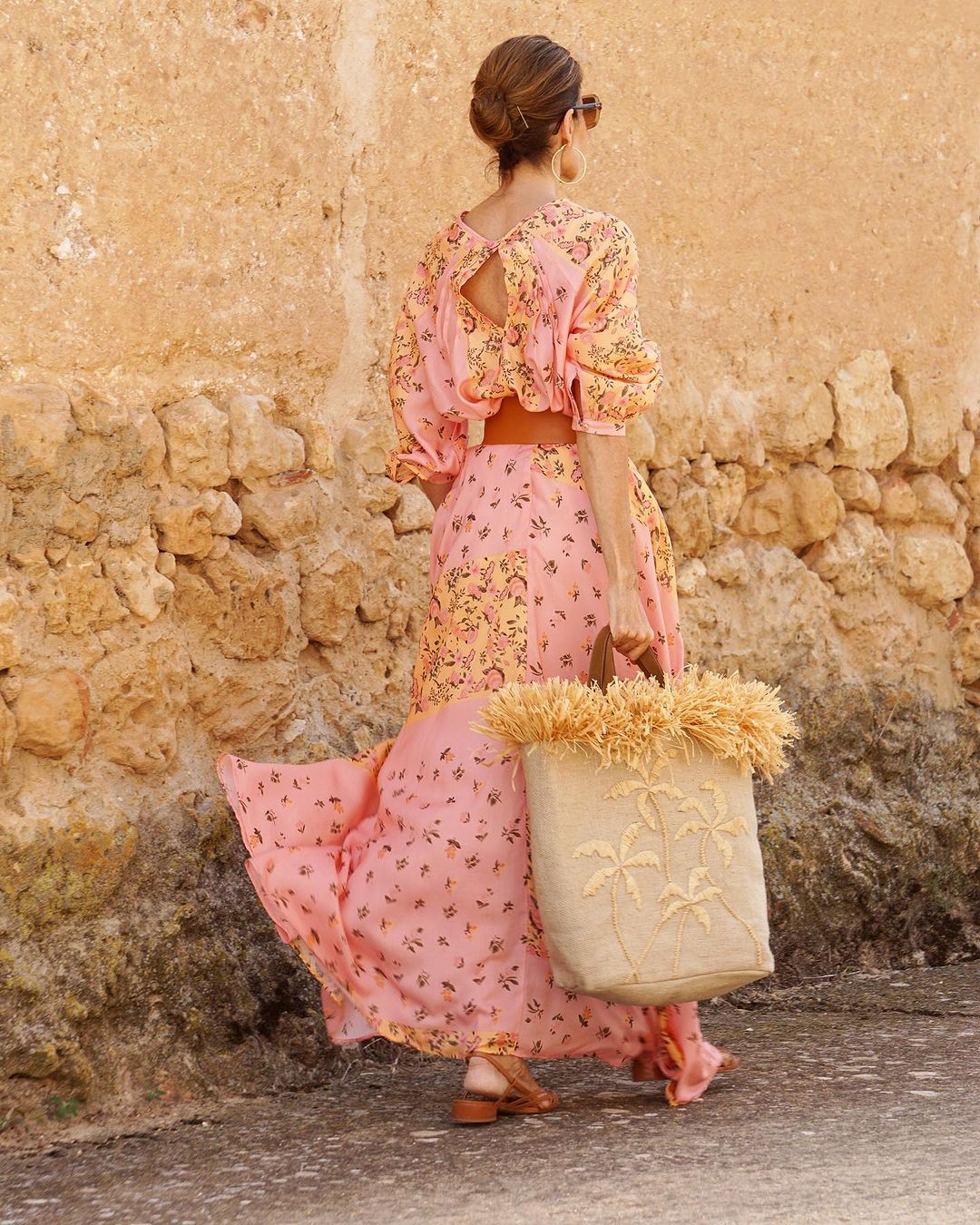 Sweet Pink Floral Print Long Sleeve Maxi Dress