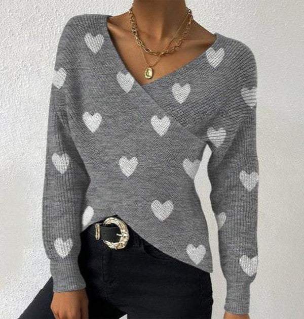 Grey Heart Print V-Neck Sweater