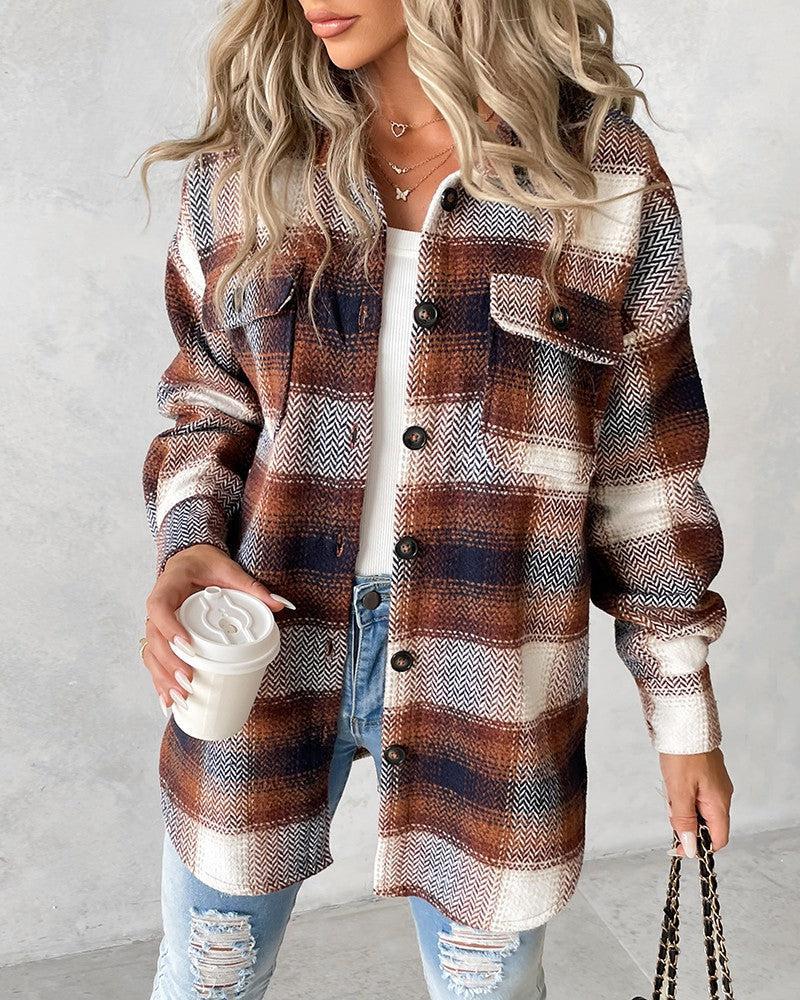 Brown Check Print Collared Long Sleeve Outerwear