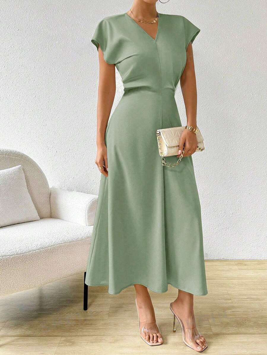 Solid V-Neck Batwing Sleeve Satin A-Line Maxi Dress