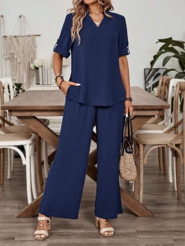 Navy Plain V-Neck Two Piece Set