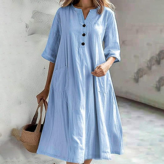 Blue Plain Short Sleeve Midi Dress