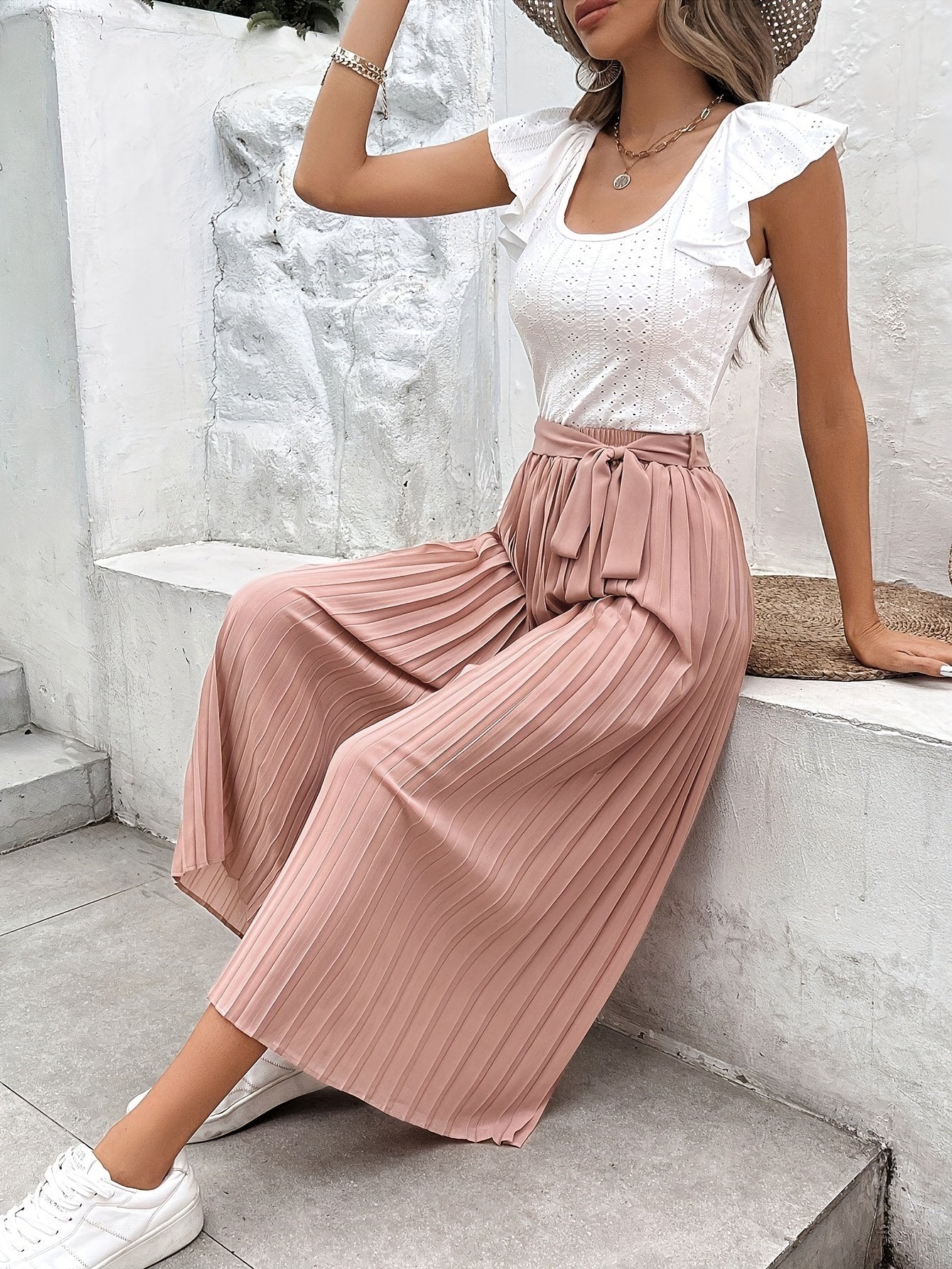 Casual Simple Ruffle Sleeve Two Piece Set