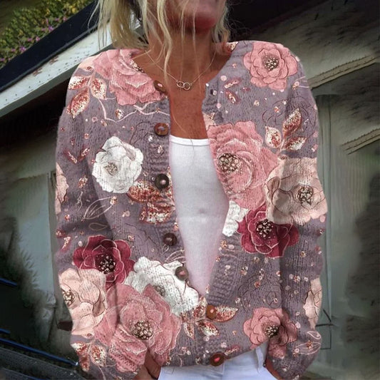 Sweet Floral Print Collarless Cardigan