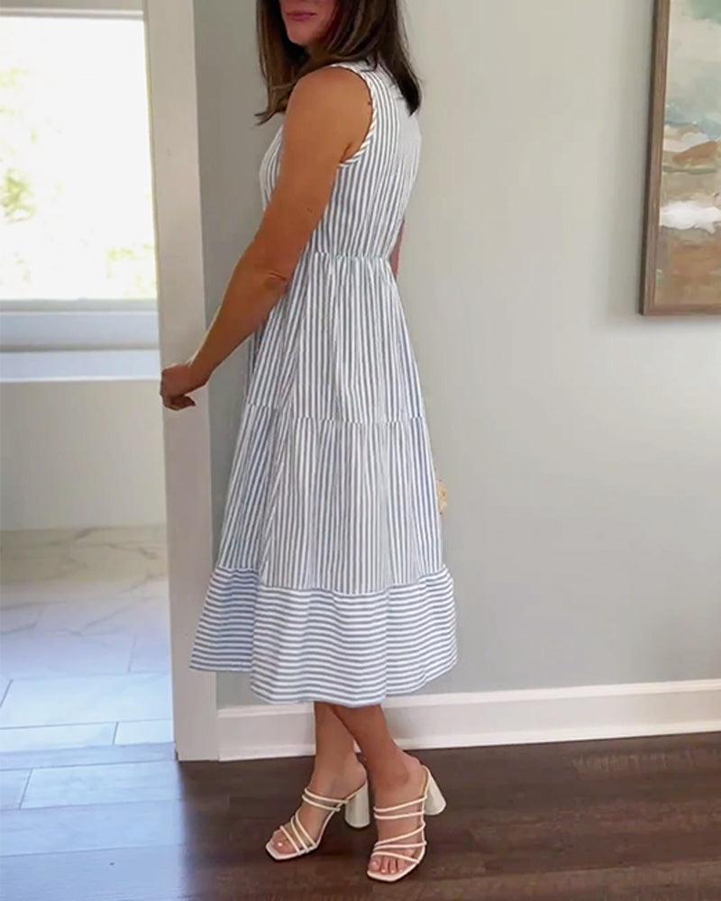 Trendy Striped Print V-Neck Midi Dress