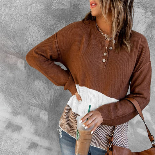 Brown Color Block Long Sleeve Sweater