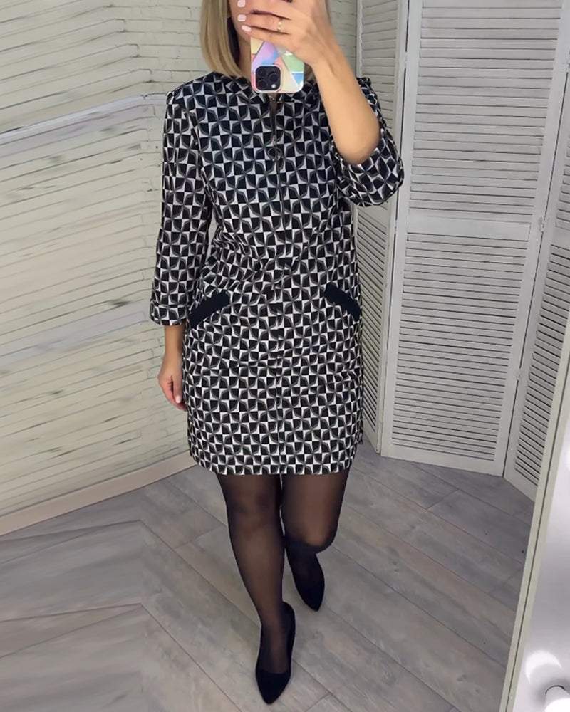 Diamond Print Long Sleeves Dress