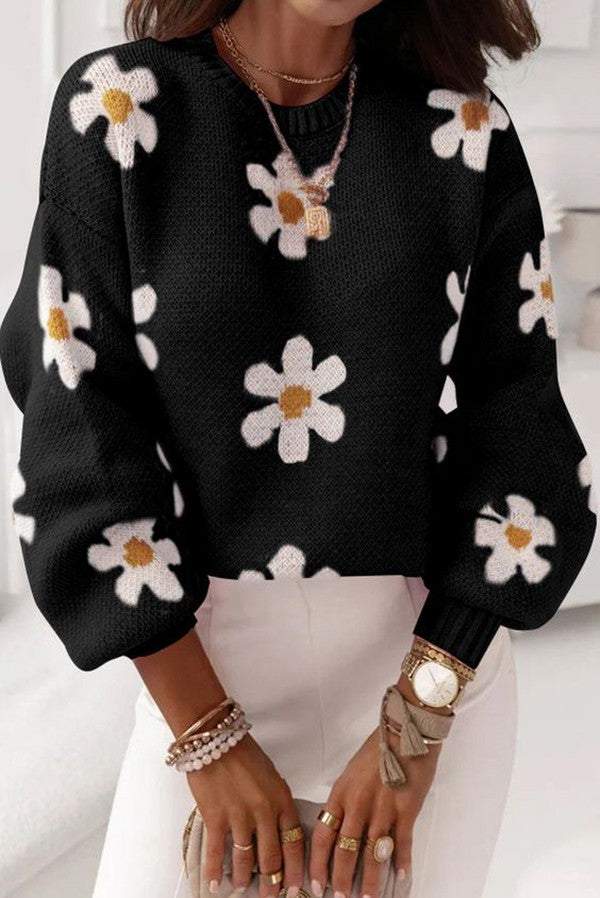 Comfy Floral Print Round Neck Long Sleeve Sweater