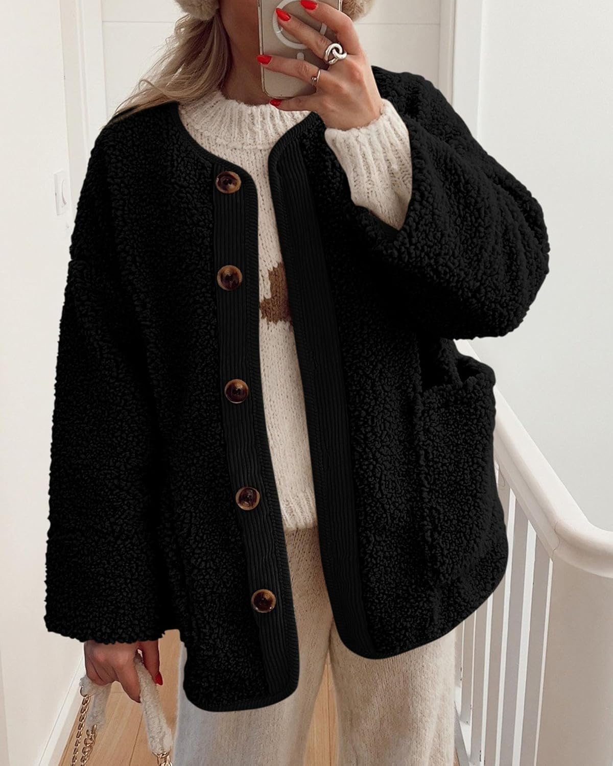 Casual Fuzzy Fleece Long Sleeve Button Jacket