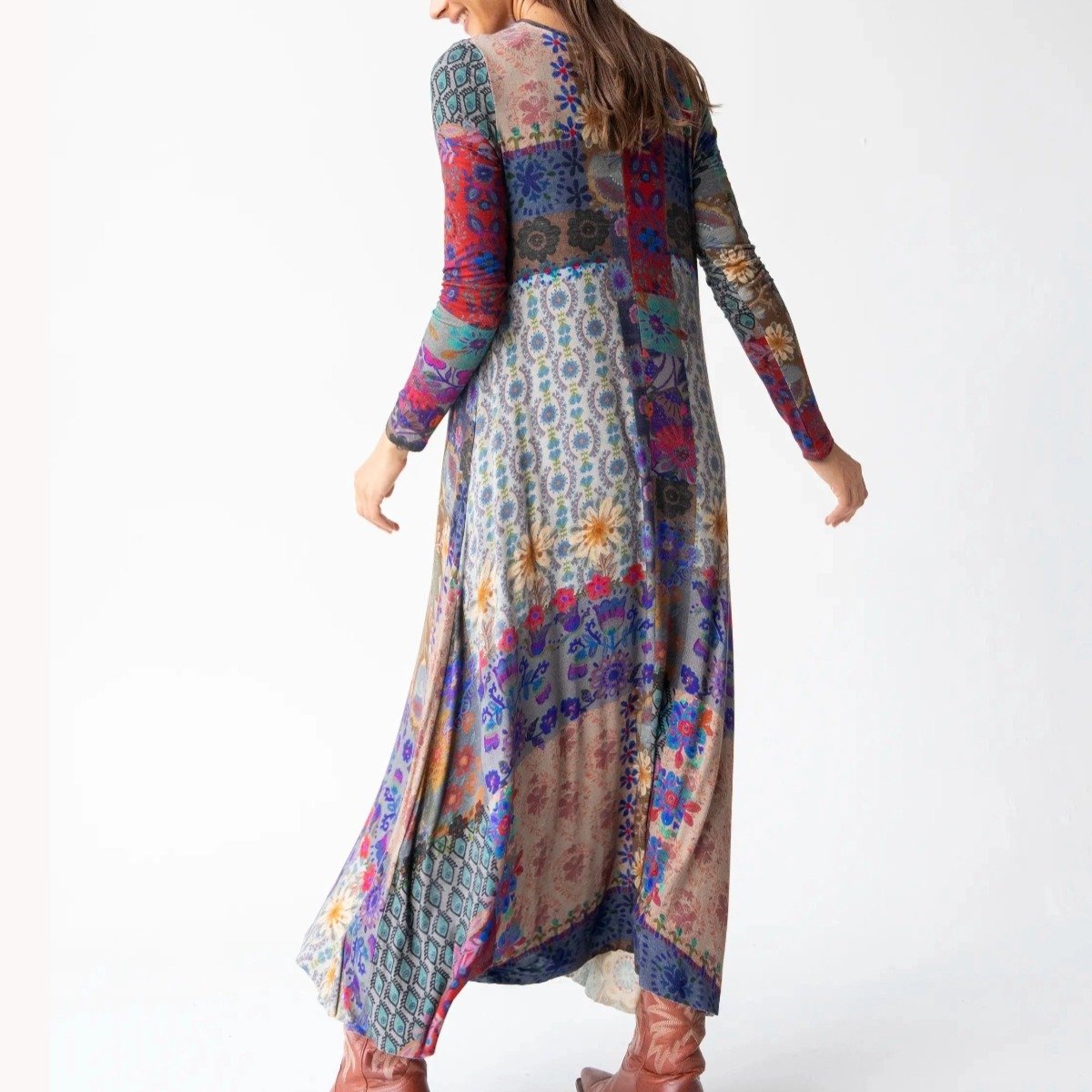 Multicolour Printed Long Sleeve Round Neck Dress