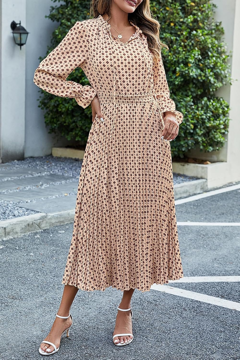 Casual Long Sleeve V Neck Dot Pleated Midi Dress