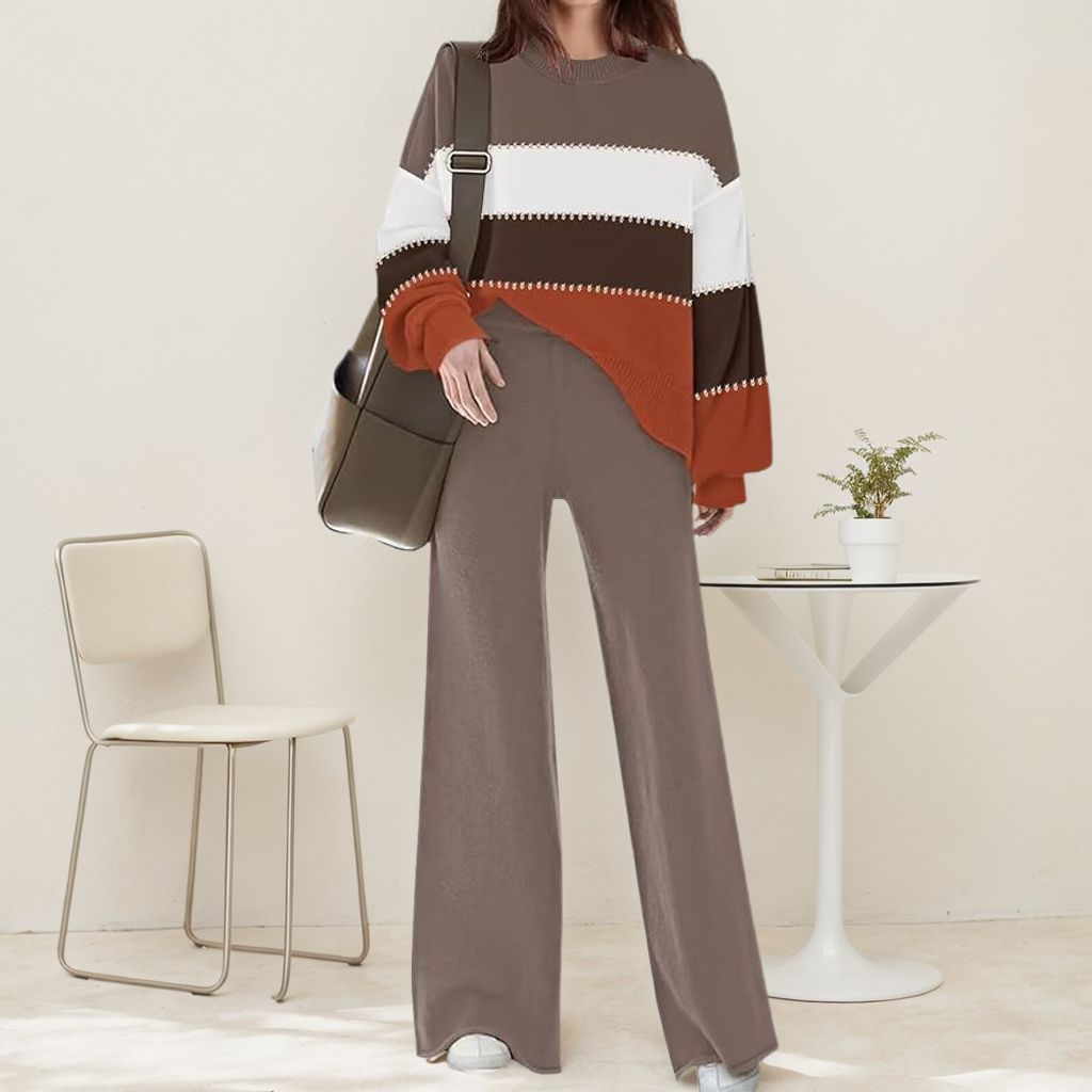 Chic Color Block Long Sleeve Two Piece Set