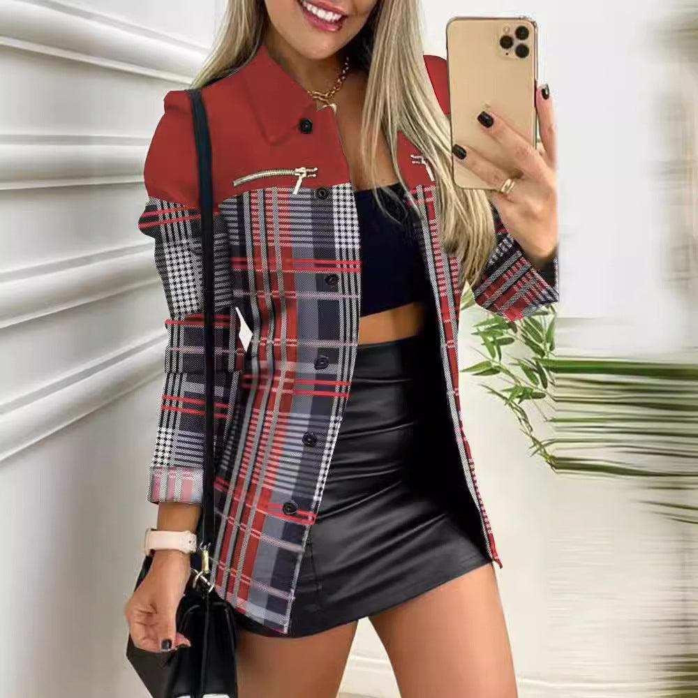 Burgundy Plaid Print Collared Long Sleeve Outerwear