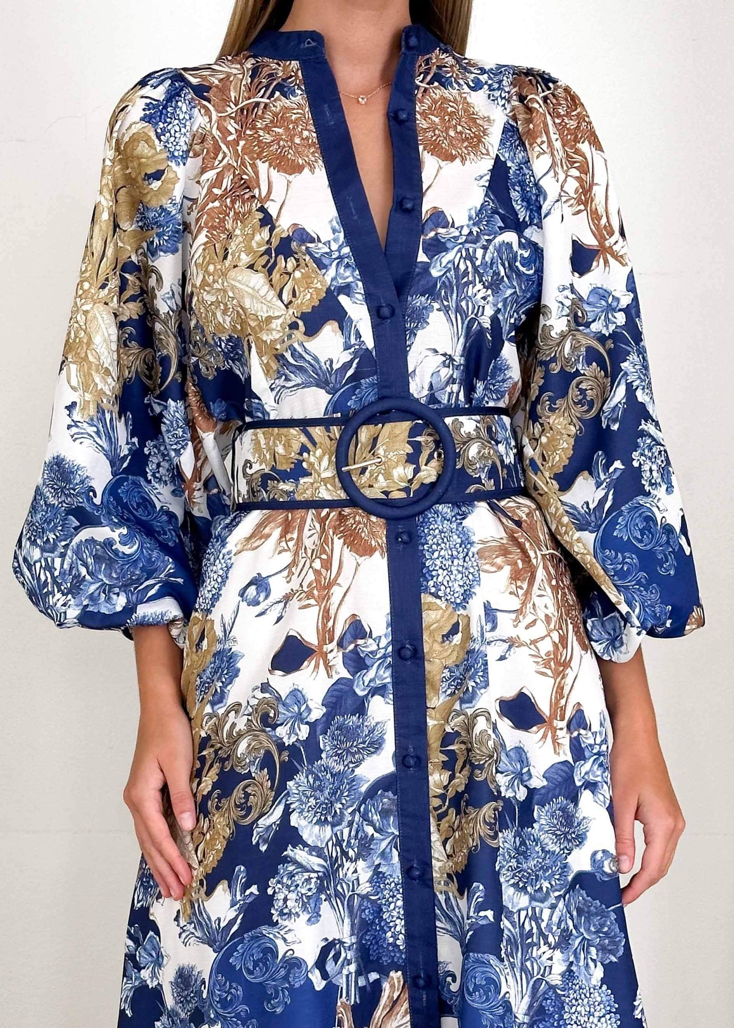 Elegant Floral Print V-Neck Long Sleeve Maxi Dress