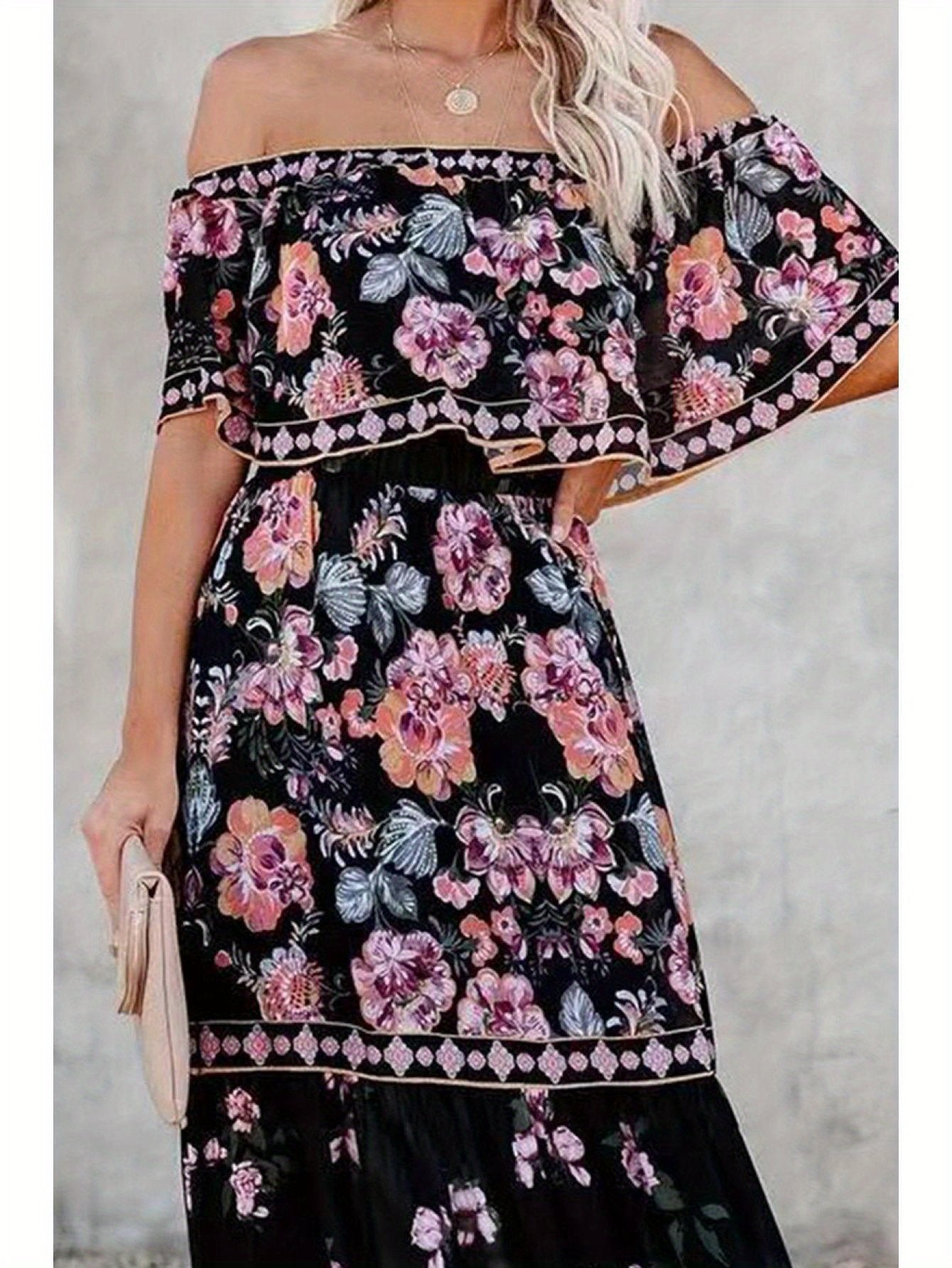 Floral Print Off Shoulder A-line Maxi Dress